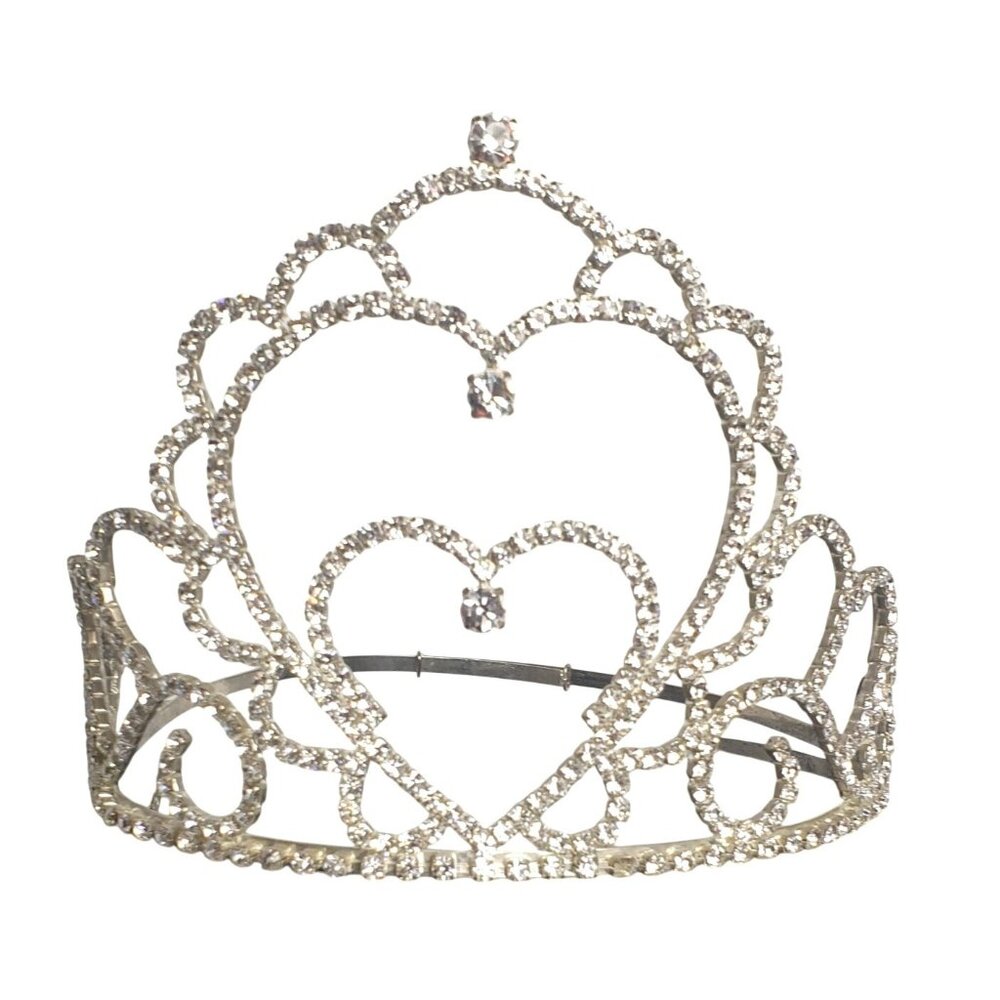 Crystal Heart Tiara Adjustable Band Rhinestones Silver Weddings Events Adult Lg